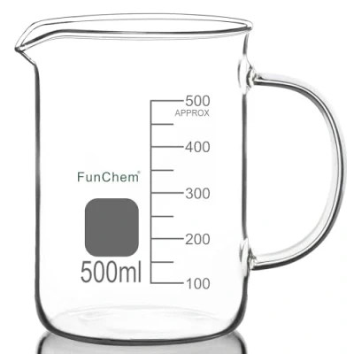 Imagen de FunChem vaso con mango, 500 ml, vidrio de borosilicato transparente, graduado, forma baja, precipitado boquilla