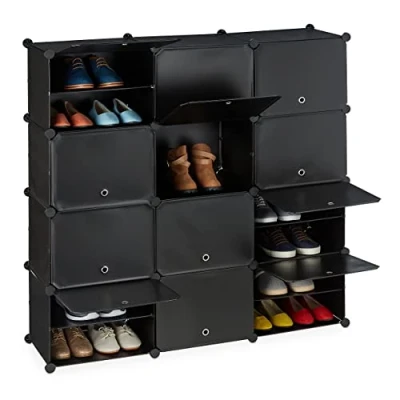 Imagen de Relaxdays Mueble XXL, Zapatero Modular con Puertas, 125 x 31,5 cm, 24 Compartimientos, Plástico, Negro, Hierro