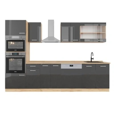 Imagen de Vicco Mueble de Cocina R Line, Antracita Brillo Intenso/Roble Dorado eléctrico, 300 cm con Armario Alto, sin encimera