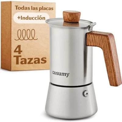 Imagen de Cosumy Cafetera Espresso 4 tazas Apta para inducción y todas las demás placas Acero inoxidable madera 200ml