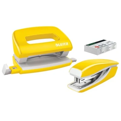 Imagen de Leitz 55612016 Mini grapadora y perforadora Set, grapas o perforadoras de hasta 10 hojas, incluye P2 N10, gama WOW, amarillo