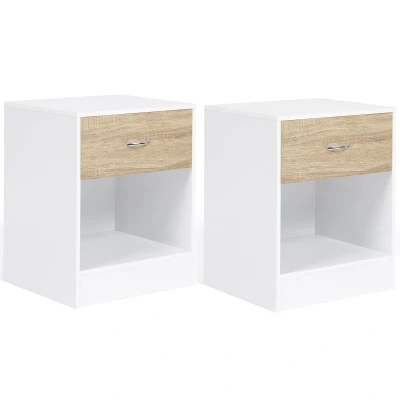 Imagen de IDMarket Olga Juego de 2 mesitas noche (1 cajón con nicho madera, color blanco y haya)