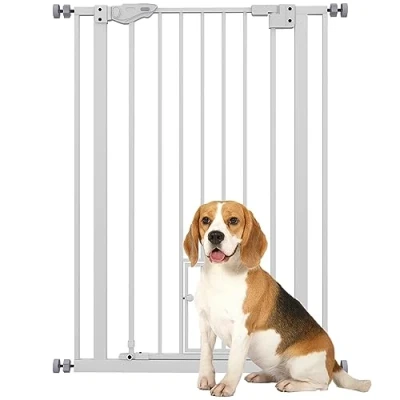 Imagen de PawHut Puerta de Seguridad para Animales 104H cm con Cierre automático Sistema Bloqueo Doble sin taladrar 74 a 80 Acero Blanco
