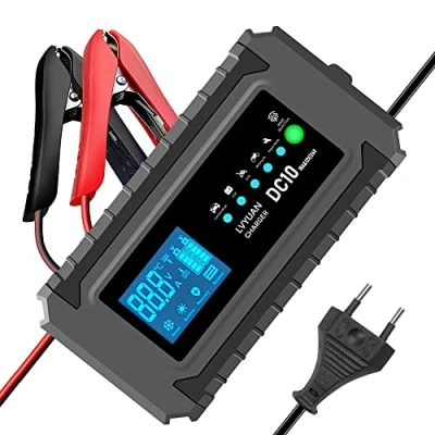 Imagen de Cargador de Batería Inteligente 10A 12V/24V Coche con Función Mantenimiento Pantalla Táctil LCD y Múltiples Protecciones para Baterías Auto Moto AGM/Gel/EFB