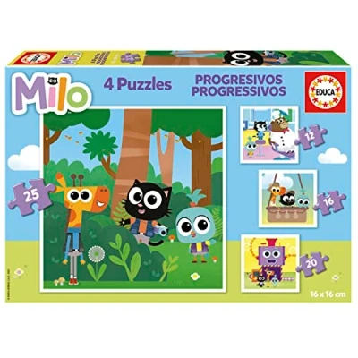 Imagen de Educa Set de 4 Puzzles Infantiles progresivos 12 a 25 Piezas Milo. Medidas: 16 x cm. Recomendados Partir 3 años (19543)