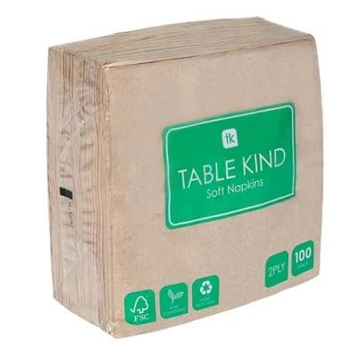 Imagen de TABLE KIND Paquete de 100 servilletas papel reciclado suave, desechables para fiestas, color marrón, catering y uso diario, sin blanquear, compostables, 2 capas, 33 cm