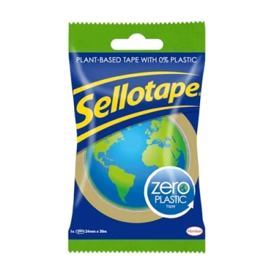 Imagen de Sellotape Zero Plastic Tape, cinta transparente multiusos para objetos del hogar, de embalaje pegar sobres o tarjetas, a base plantas fácil usar con 0%