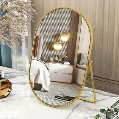 Imagen de espejo de maquillaje ovalado para escritorio, mesa dorado, marco metal, giratorio portátil una sola cara, encimera alta definición con soporte tocador,