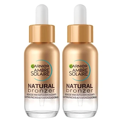 Imagen de Garnier Ambre Solaire Natural Bronzer Gotas Faciales Autobronceadoras con Activo Bronceador de Origen Vegetal Fórmula Vegana Sin Perfume Ácido Hialurónico y Agua Coco 2 Botellas 30ml