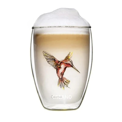 Imagen de Vaso Térmico &quot;Hummi&quot;, de doble Pared, Latte Macchiato, Taza Térmica, Estampada pajaro Colibri 250ml en Caja Regalo, Rojo