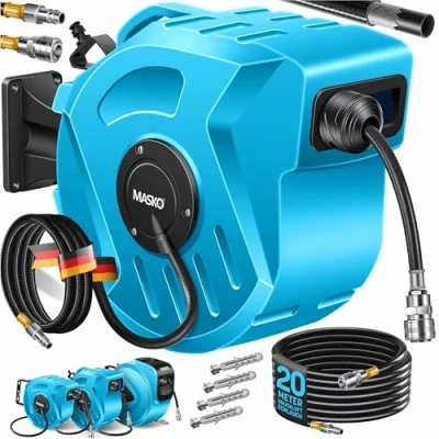 Imagen de MASKO® Enrollador de manguera aire comprimido automática, Conexión 1/4, mangueras, Soporte mangueras montado en la pared, comprimido, azul, 20m
