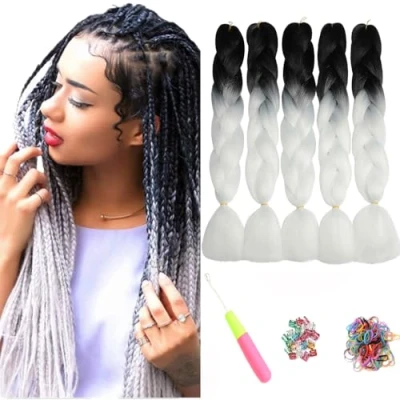 Imagen de ShowJarlly 5 Piezas Extensiones Pelo Africanas Trenzas, 24&quot; Sintetico Trenzas de Trenzado Cabello Para Ganchillo Negro/blanco