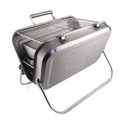 Imagen de BRISA VW Collection Parrilla portátil de maleta acero inoxidable Volkswagen con parrillabandeja para carbón y asa T1 Camper Bus (Silueta/Plata)