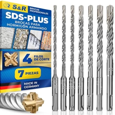 Imagen de S&amp;R Brocas SDS 4 ECO PLUS (4 Cortadores) Pared, Hormigón Renforzado. Juego de 7 Made in Germany 5/6/8/10 mm x 10 e 16 cm Calidad Profesional