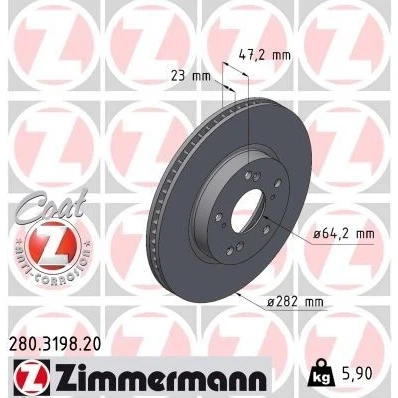 Imagen de ZIMMERMANN 280.3198.20 Disco de freno 282 23 9/5 5 114 ventilación interna revestido HONDA: CIVIC 10, 10 Stufenheck