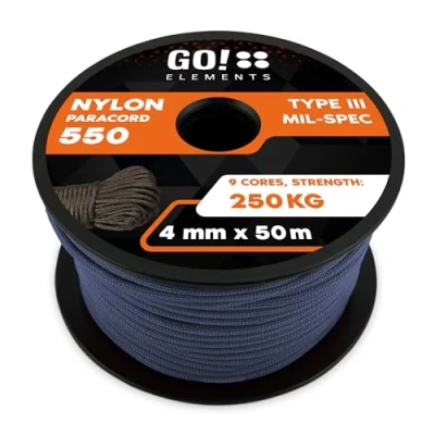 Imagen de GO!elements 50m Paracord de Nylon a Prueba desgarros 4mm 550 Typo III Cuerda Adecuado como Yute &amp; Gruesa MAX. 250kg, Color: Gris Azul