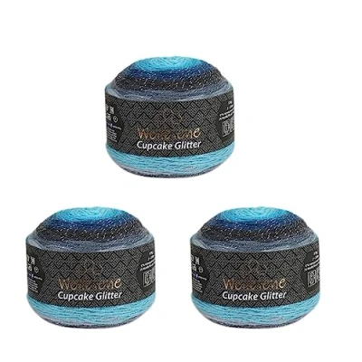 Imagen de Cupcake Glitter Simli 3 ovillos de 150 g lana para tejer, 450 g, tejer y hacer ganchillo, turca, degradada con purpurina (3020, gris oscuro, azul)