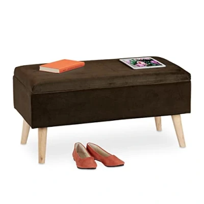 Imagen de Relaxdays 0 Baúl Almacenamiento, Funda Terciopelo, 40 L, Acolchado, Patas Madera, Asiento Almacenaje, 41x80x40 cm, Negro, 1 Unidad
