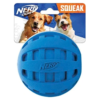 Imagen de Nerf Dog Juguete de Bola Goma para Perros con chirrido a Cuadros, Ligero, Duradero y Resistente al Agua, 4 Pulgadas diámetro Razas Medianas/Grandes, Unidad Individual, Azul