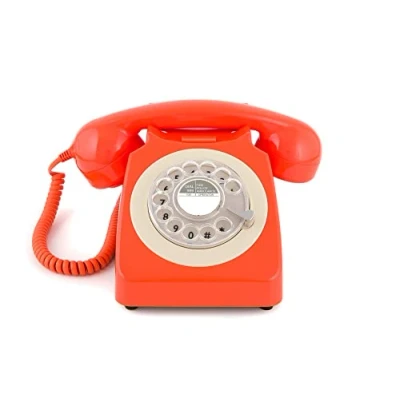 Imagen de GPO 746 Teléfono fijo de disco con estilo retro los años 70 Cable en espiral, Timbre auténtico Naranja
