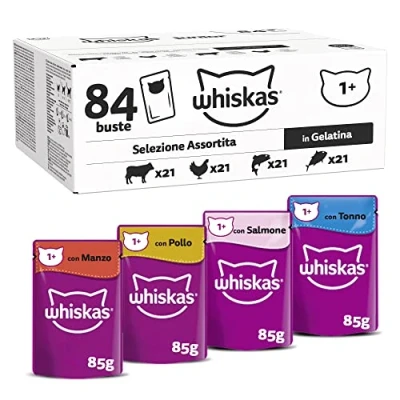 Imagen de WHISKAS Comida para Gatos 84 Bolsas de frescura 85 g Paté Adultos en gelatina Tarjeta Mixta (4 variedades) húmeda Completa y equilibrada, x
