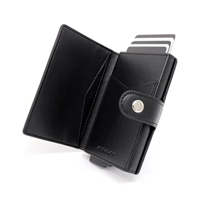 Imagen de Stealth Wallet Tarjetero Hombre con Protección RFID Cartera Pop Up y Caja de Regalo Porta Tarjetas Crédito Metal Delgado Ligero (Cuero Negro, Bolsillo para ID)