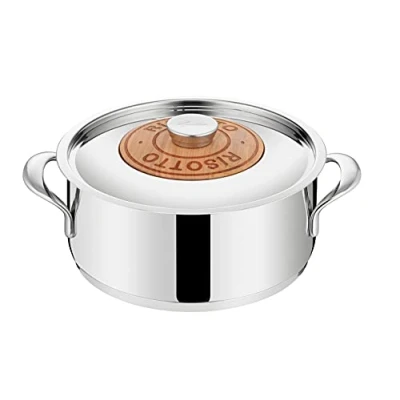 Imagen de Lagostina Emozione Risottiera + Tapa con Inserción de Madera Cerezo Ø 24 cm, Olla Inducción y Gas en Acero Inoxidable 18/10 Madera, Fondo Lagotherm Triple Capa Asas Soldadas Anchas