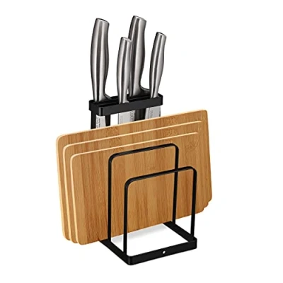 Imagen de Relaxdays Soportes de Tablas y Cuchillos 2 en 1, Metal, Portatablas Cocina, Organizador Sobremesa, Negro, Hierro, 21.5 x 12 14 cm