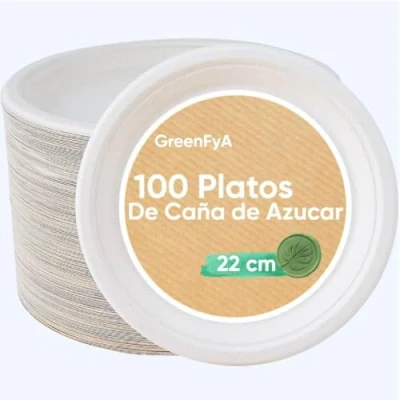 Imagen de GreenFyA Platos Desechables de Caña Azúcar Resistentes, 100% Biodegradables (100, 22cm.)