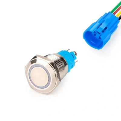 Imagen de Gebildet 16mm Momentáneo Pulsador de Botón Acero Inoxidable, Impermeable ON/Off 12V 24V 5A LED 1NO1NC SPDT Temporal con Enchufe Cable(LED Blanco)