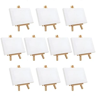 Imagen de Belle Vous Mini Lienzos con Caballete de Madera (Pack 10) Pequeño 15,5 x 8,9 cm Preestirados, Imprimados en Blanco Mesa para Pinturas Óleo y Acrílico
