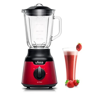 Imagen de Ufesa Amber Red Batidora de Vaso Compacta, 900W, Jarra Cristal 0.8L, 2 Velocidades + Pulse, 4 Cuchillas Acero Inoxidable, Cierre Hermético, Libre BPA, Inox Rojo
