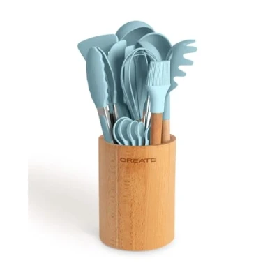 Imagen de CREATE/Set de utensilios azul y madera / 11 utensilios, silicona haya, libres BPA, resistente al calor hasta 230C