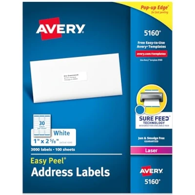 Imagen de Avery 5160 Etiquetas autoadhesivas blancas para direcciones (blancas, autoadhesivas, láser, rectangulares con esquinas redondeadas, 3000 artículos, 100 hojas)