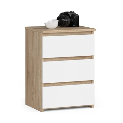 Imagen de AKORD Mesita de Noche CL 3 con cajones Sala Estar, Dormitorio, Armario, Oficina y Estudio Diseño Moderno Funcional 35 x 40 57 cm, 26 kg Roble Sonona Blanco