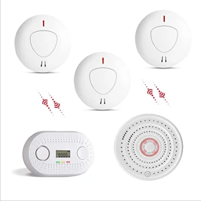 Imagen de fxo Alarma de Fumo, Calor y Monóxido Carbono Sistema contra Incendios para el Hogar 1 Calentador inalámbrico, 3 Detector óptico Humo CO