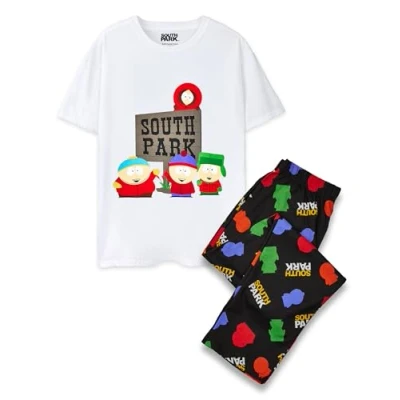 Imagen de South Park Conjunto de Pijama para Hombre Camiseta Gráfica Manga Corta Blanca y Pantalones Largos con Estampado Negro Pijamas Cartman Kenny Merchandise Dibujos Animados Regalo Él