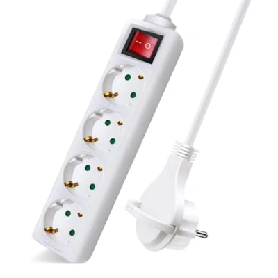 Imagen de EXTRASTAR Regleta Alargador con 4 Enchufes e Interruptor, Cable 5M Clavija Plana, para el hogar, Oficina y Viajes, 16A, 250V, 3680W, Blanco