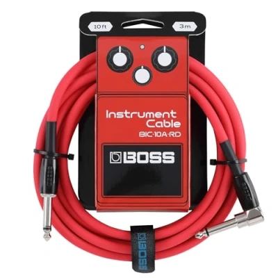 Imagen de BOSS Serie BIC 10A Cable de instrumento Conectores recto a ángulo ¼ pulgada 3 m longitud Cables para guitarra, bajo y más Silencioso resistente Rojo