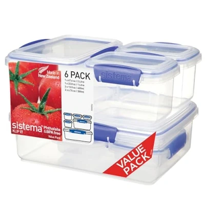 Imagen de Sistema KLIP IT recipientes para guardar alimentos Fiambreras apilables con tapas herméticas Sin BPA Clips azules Tamaños variados 6 unidades