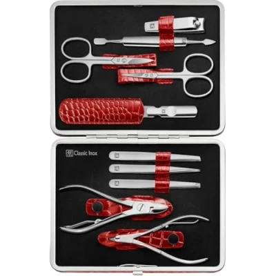 Imagen de ZWILLING set de manicura (10 piezas, completo para uñas manos y pies, estuche piel auténtica con marco metálico), acero inoxidable pulido, edición cocodrilo, rojo
