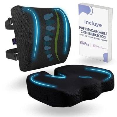 Imagen de Fisiopibu cojin Antiescaras Silla Oficina Lumbar + PDF pautas de Ejercicios Ortopedico, Cojines Coxis Viscoelastico Funda Lavable.