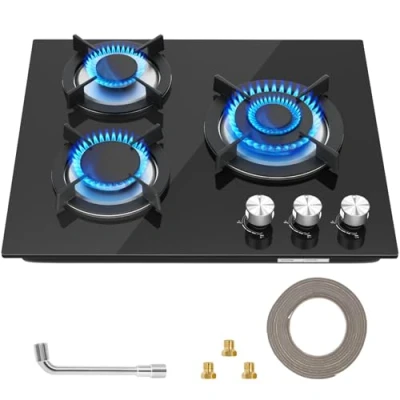 Imagen de Placa de gas 3 quemadores, cocina vidrio negro integrada con protección contra llamas, soportes hierro fundido, convertibles NG/LPG