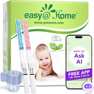 Imagen de Easy@Home Test de Ovulación y Embarazo: incluye 40 Tiras Ovulación, 10 Prueba Embarazo 50 Tazas Orina Predictor Alta Sensibilidad Precisión 40LH + 10hCG Vasos Urinarios