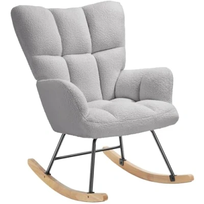 Imagen de tectake® Mecedora Tapizada, Silla de Bouclé, Butaca Salón con Estructura en Acero y Patines Madera, Lectura, Sillón Lactancia, Nórdico Dormitorio, Relax gris claro