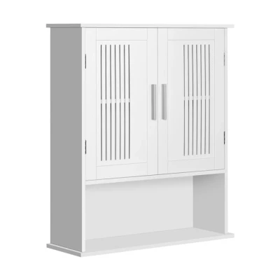 Imagen de kleankin Armario de Pared para Baño Multiusos Mueble Suspendido Colgante Almacenamiento con 2 Puertas Listones Estante Ajustable y Compartimento 60x20x70 cm Blanco