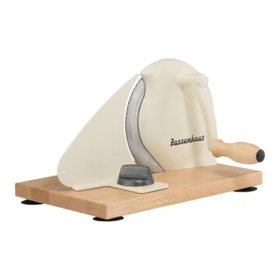 Imagen de Zassenhaus Máquina de cortar pan manual Classic, beige, hoja acero Solinger grosor corte: 1 18 mm tabla y manivela madera haya 30 x 25,5 19 cm