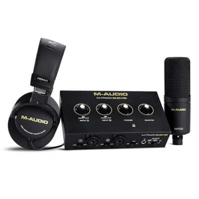 Imagen de M AUDIO Track Duo HD Interfaz de audio, Microfono Condensador M100 y Auriculares Monitorización Estudio HDH41 para Grabación, Productores, Creadores Contenidos Podcasters