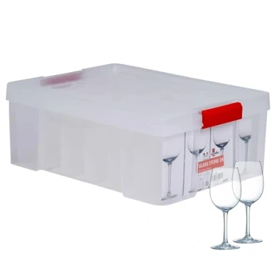 Imagen de Sundis Glass Store, caja almacenaje con tapa, 24 compartimentos para guardar copas pie, 27l de capacidad, plastico transparente, reforzado, paredes rectas, apilable y combinable