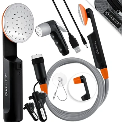 Imagen de KESSER® Ducha de Camping con Bomba Sumergible, 2X baterías 2200mAh, USB, para Camping, jardín, Coche, Exteriores, Mascotas, Limpieza Autos, Bolsa Transporte, Negro/Naranja